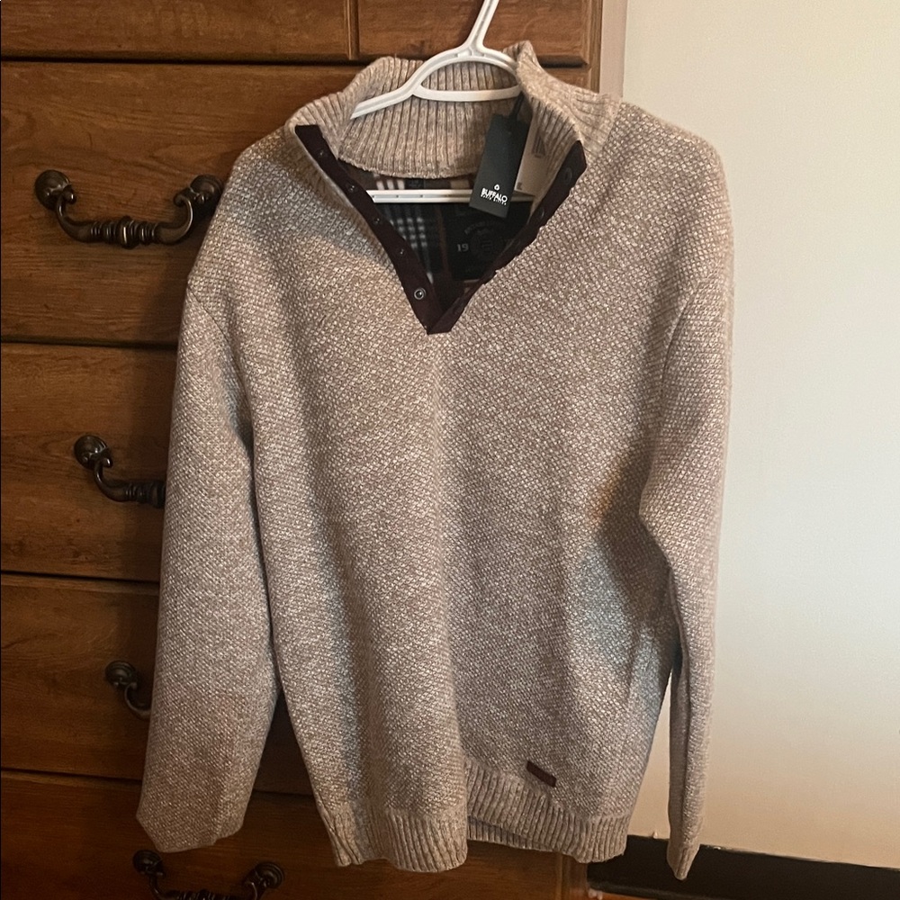 Buffalo David Bitton Men's Taupe Knit V-Neck Sweater with Dark Brown Trim